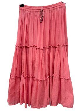Boho Midi Skirt One Size Coral Flowy Cotton Elastic Waist Tiered by Magic Scarf